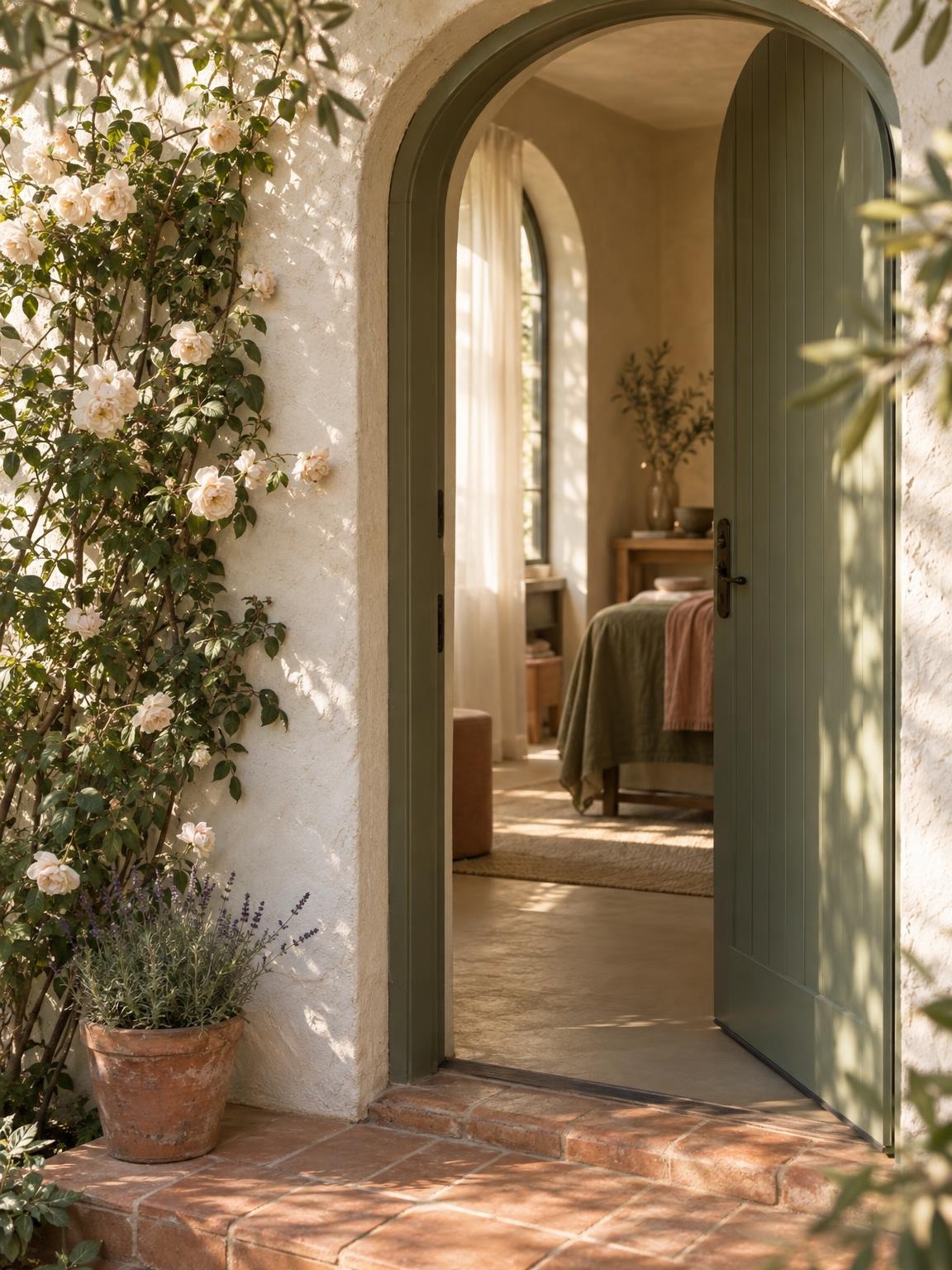 A sage arched door standing half open in a white stucco wall, roses climbing beside it and the calm room inside