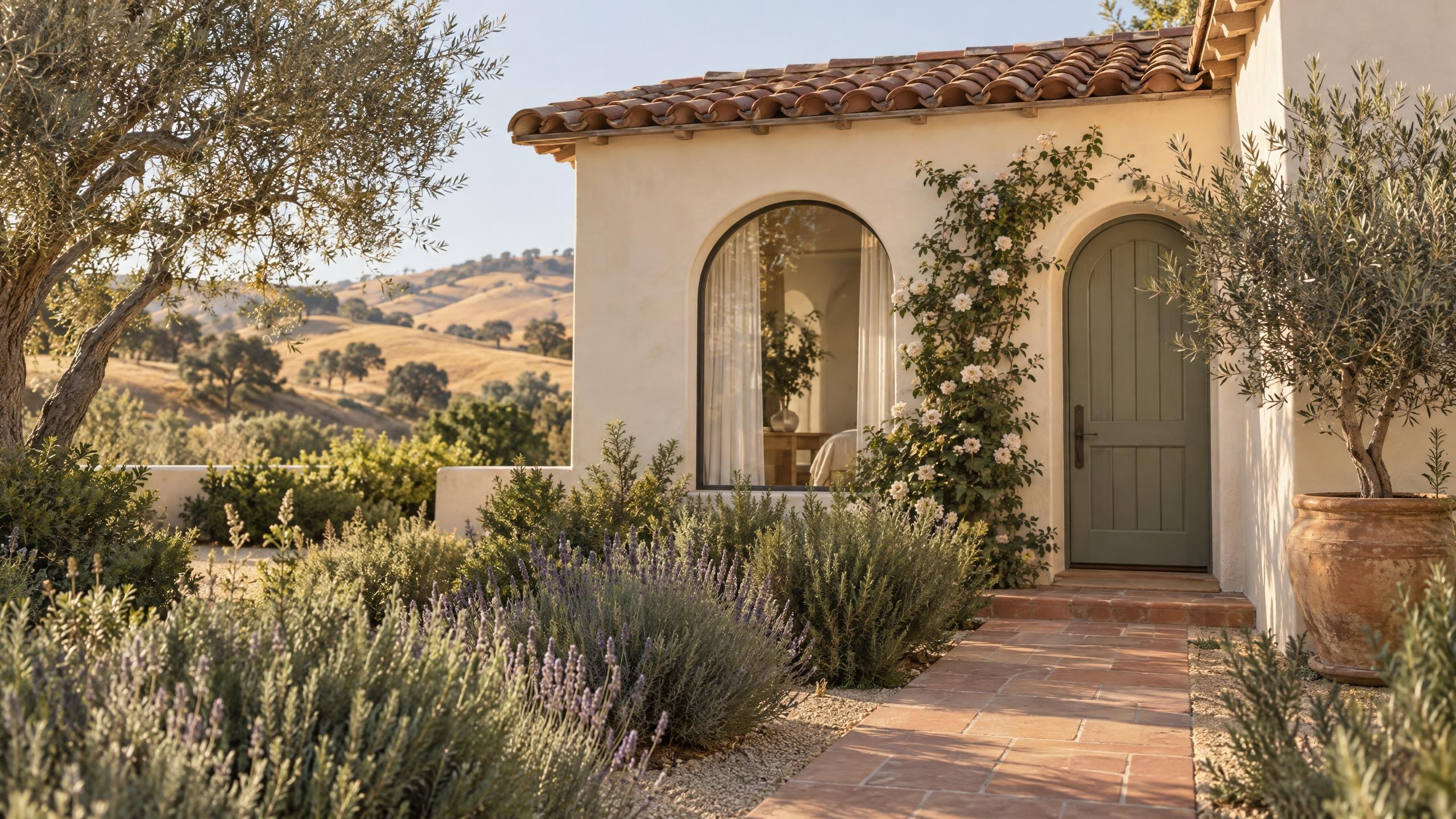 A white stucco studio with a sage arched door, climbing roses, lavender and an olive tree, golden hills behind
