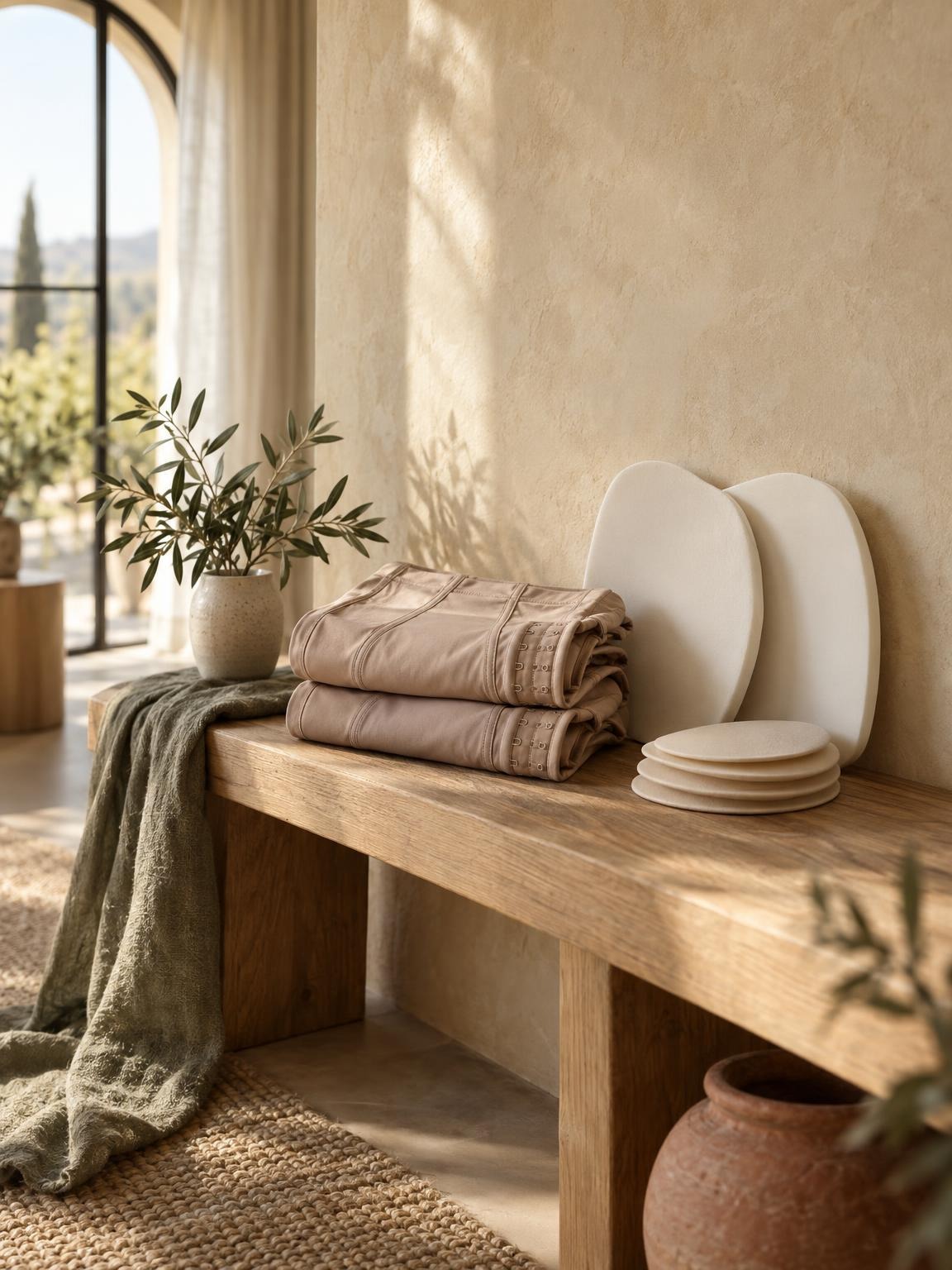Two folded compression garments and two curved foam boards on an oak bench
