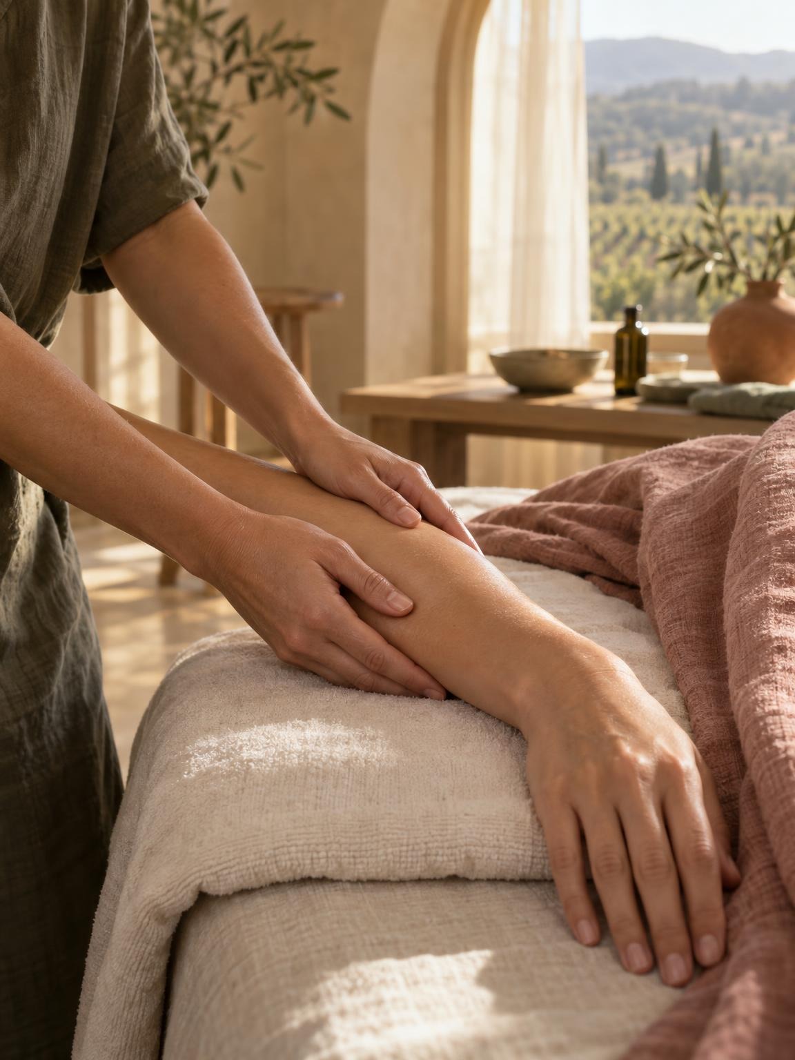 Two hands gliding lightly up a relaxed forearm resting on a white towel