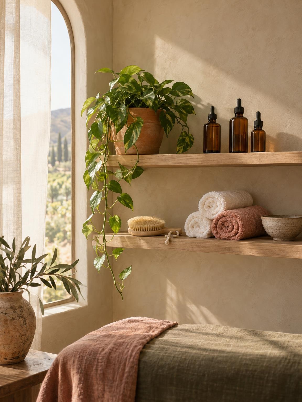 Oak shelves with amber oil bottles, a dry brush, rolled towels and a trailing plant beside an arched window