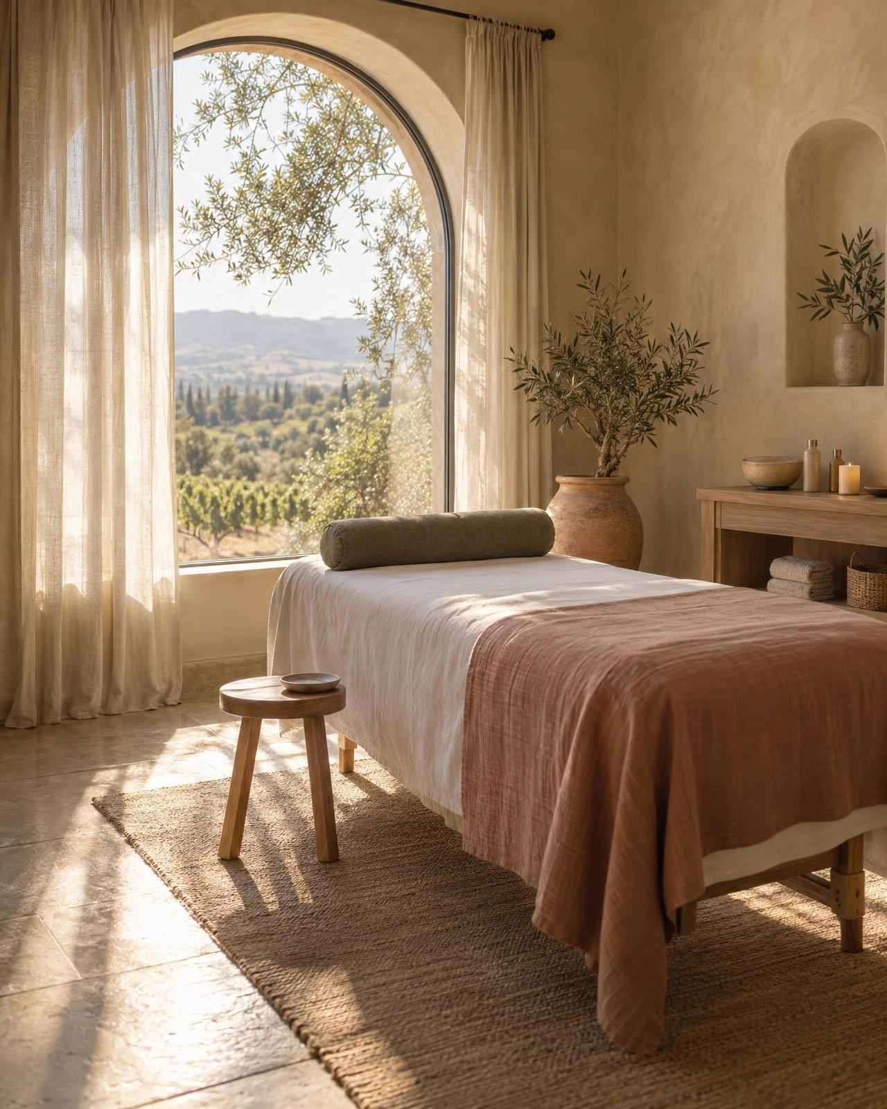 The treatment room: a massage table in white linen and a clay-rose blanket under an arched window looking out at olive trees and hills