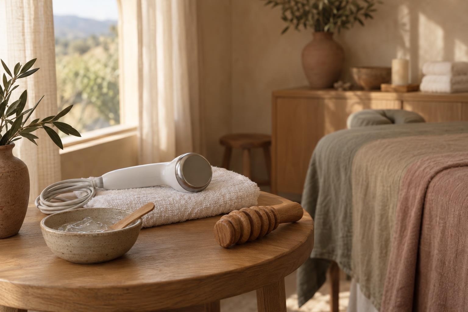 A small white cavitation wand on a folded towel beside a dish of gel and a wooden roller