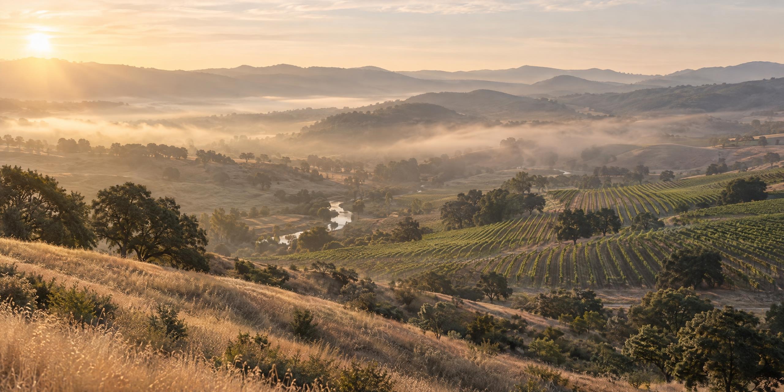 The Temecula Valley at sunrise: golden hills, rows of vines, oak trees and a creek winding through the morning mist