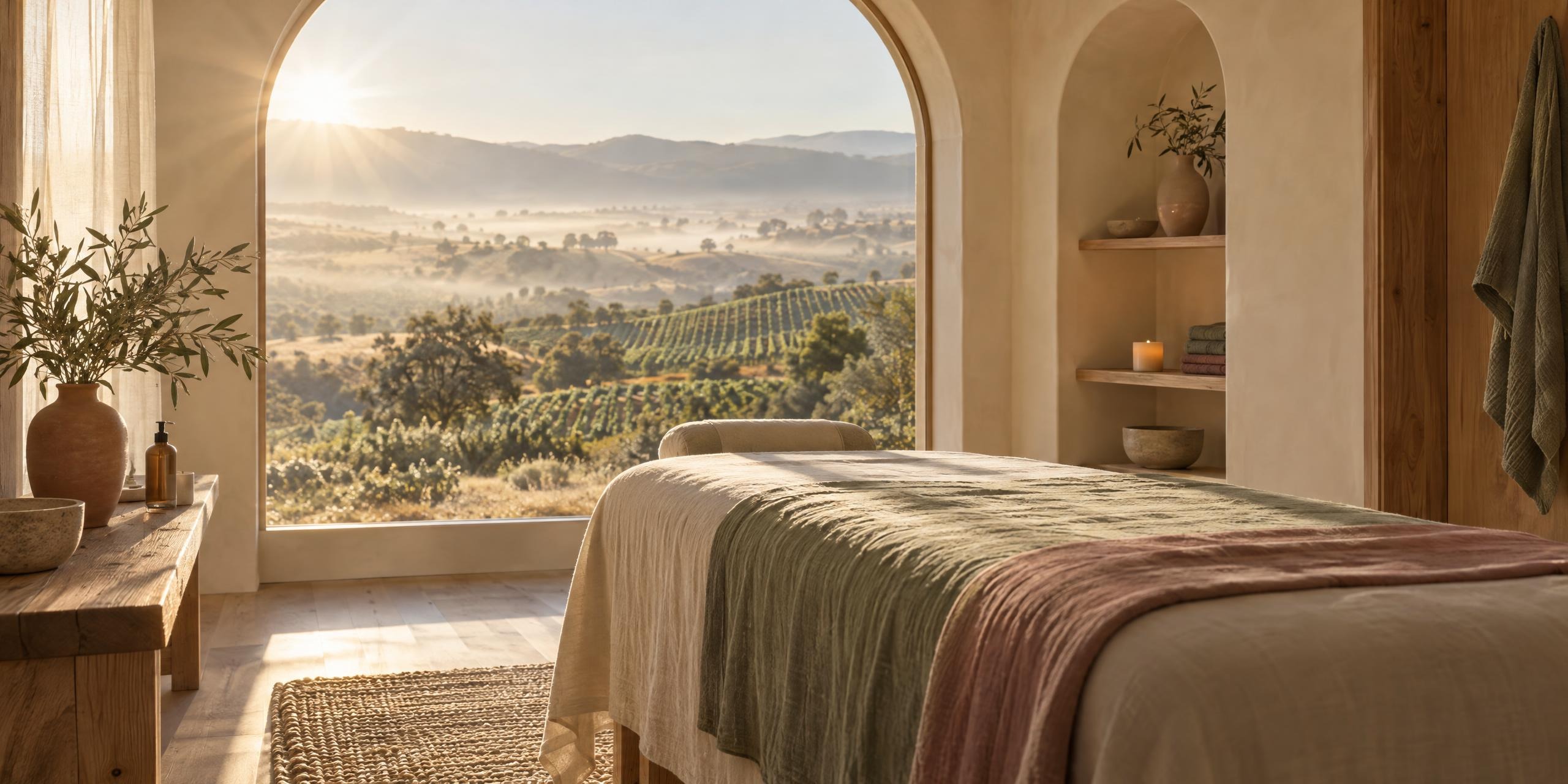 The treatment room at sunrise, looking out an arched window at misty vineyards