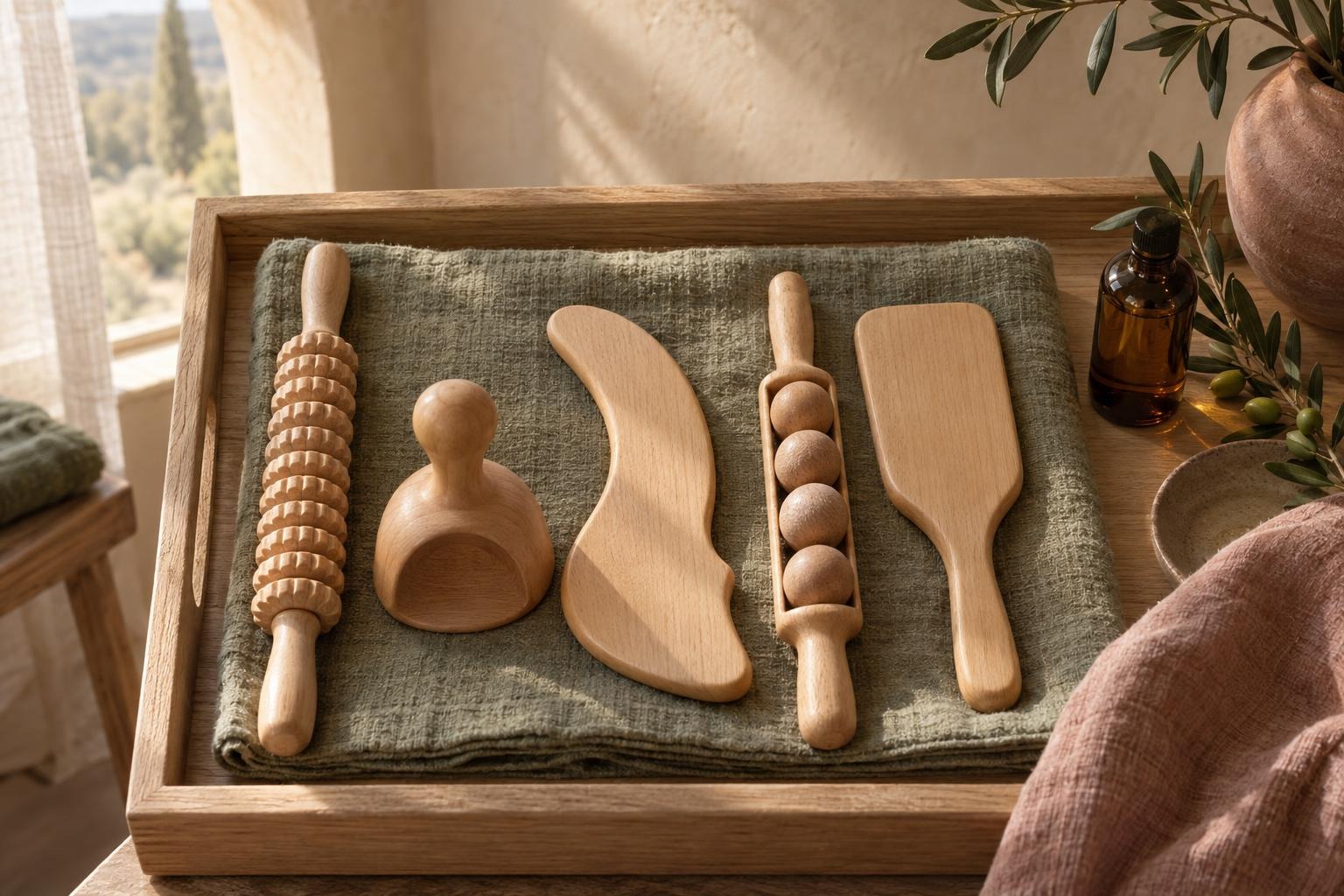 Beech-wood rollers, a cup and a contour board laid out on a sage linen towel